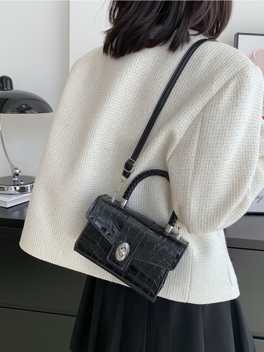 Mini Crocodile Embossed Weave Detail Flap Square Bag