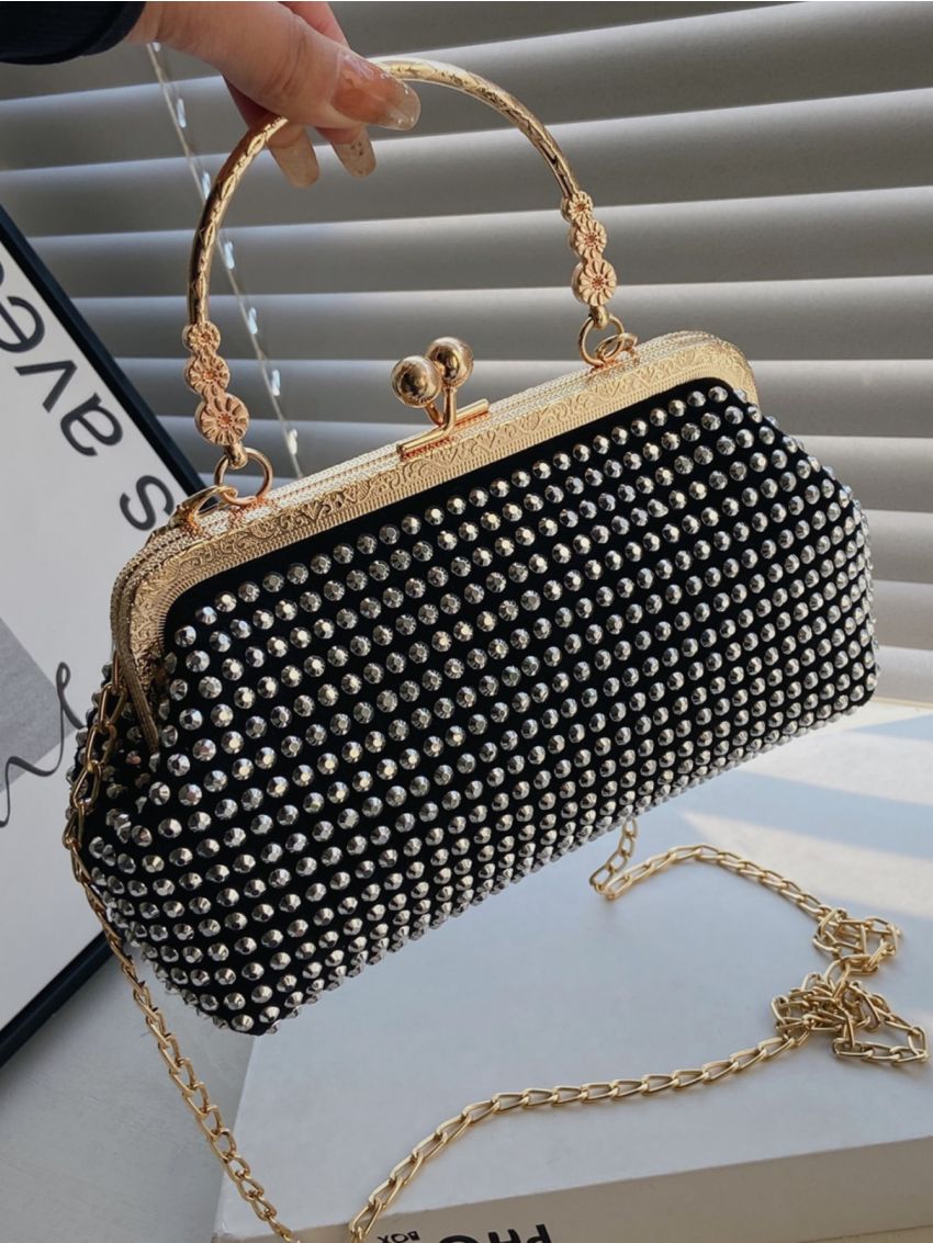 Studded Decor Kiss Lock Chain Satchel Bag