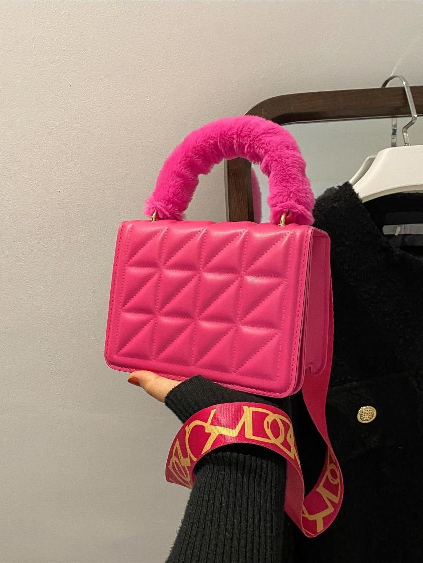 Mini Neon Pink Quilted Fluffy Handle Square Bag