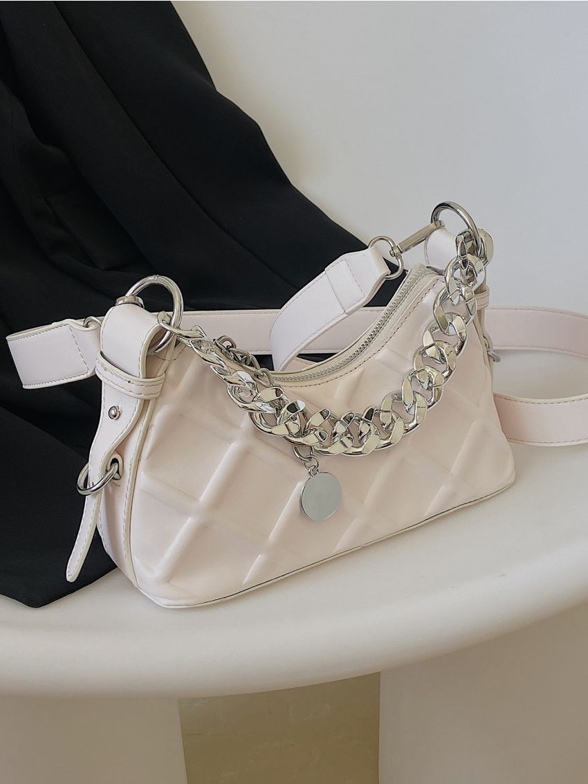 Geometric Embossed Chain Decor Hobo Bag