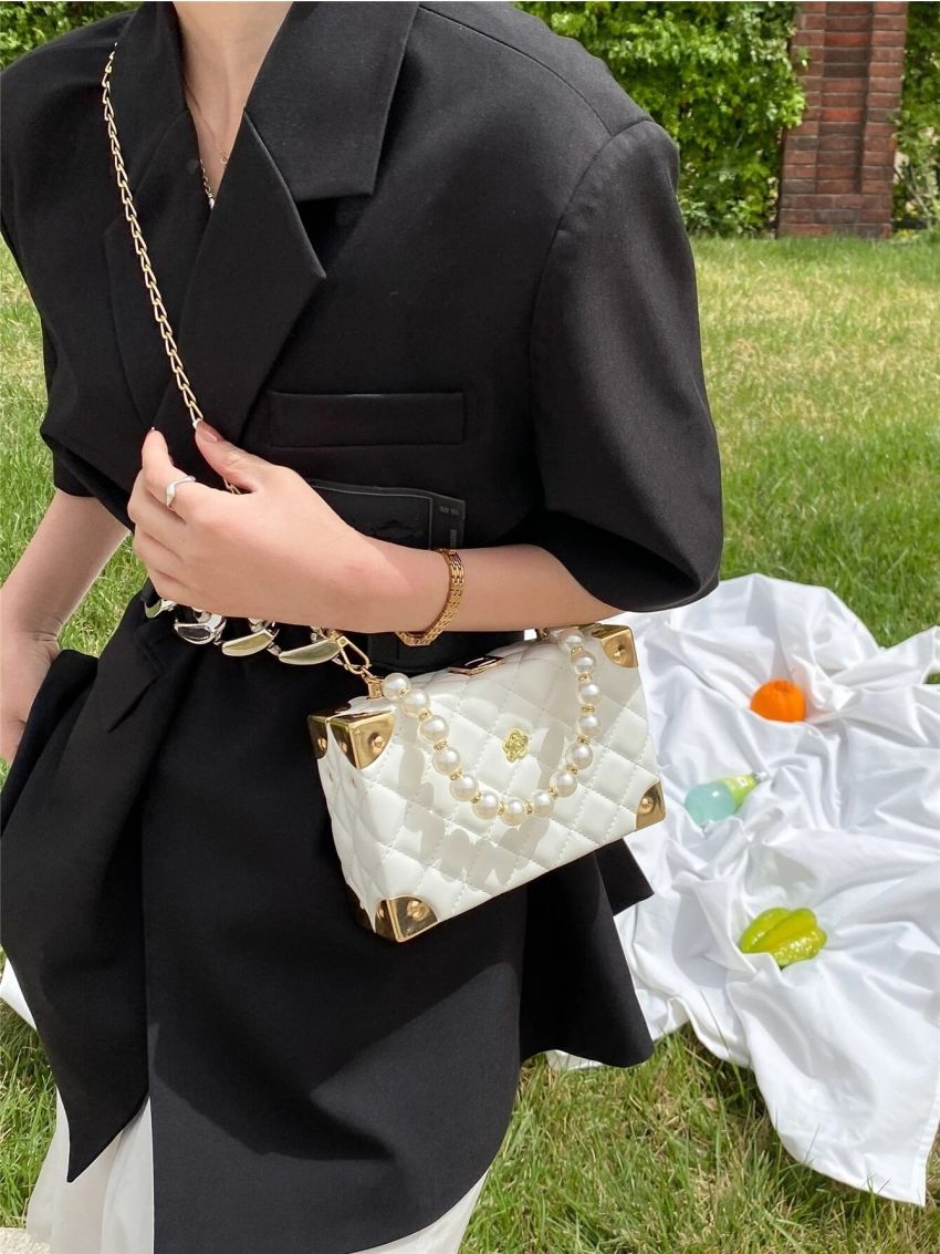 Mini Quilted Faux Pearl Decor Box Bag