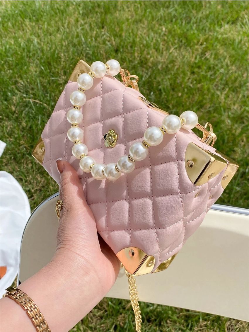 Mini Quilted Faux Pearl Decor Box Bag