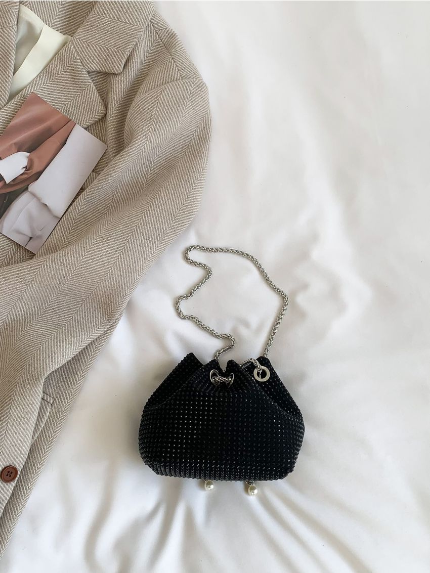 Faux Pearl & Rhinestone Decor Bucket Bag
