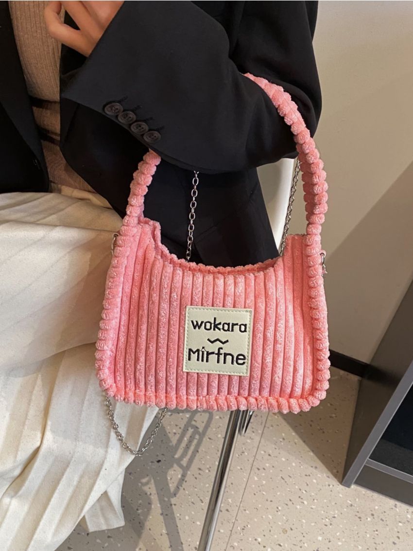 Letter Patch Decor Chain Fuzzy Hobo Bag