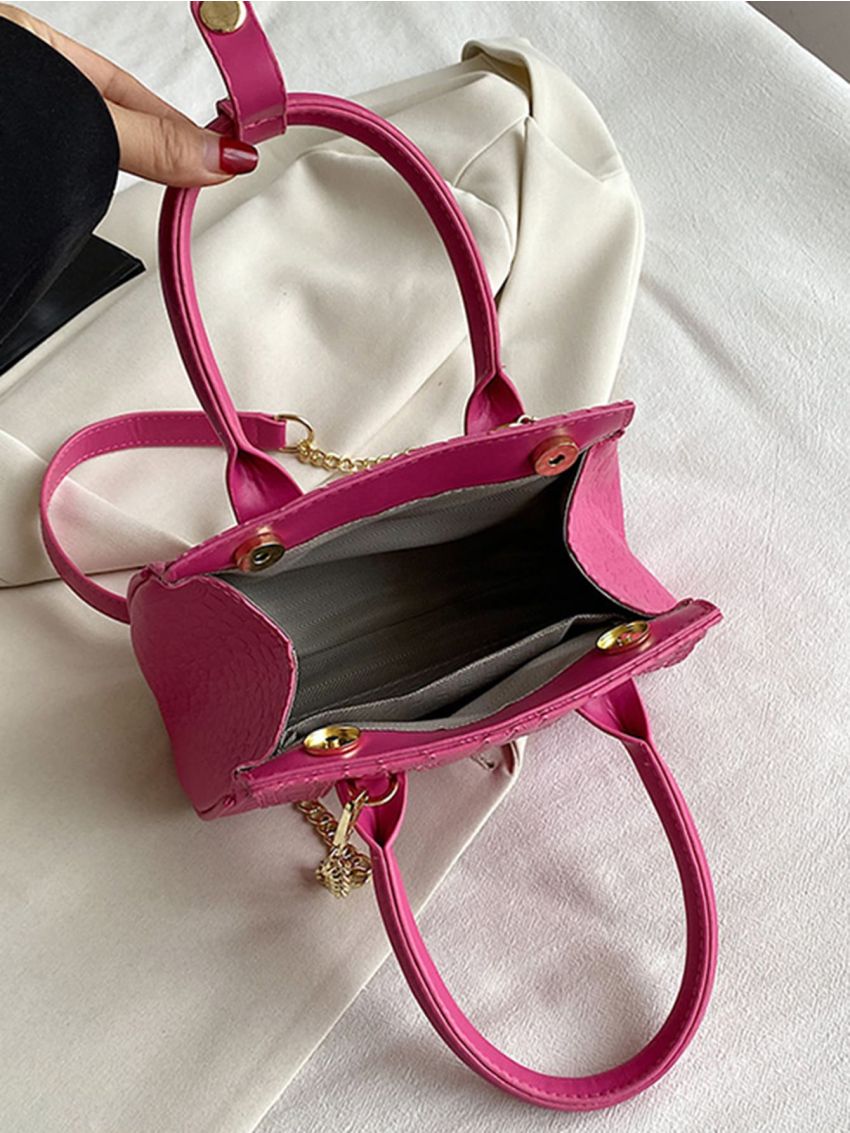 Neon Pink Crocodile Embossed Chain Square Bag