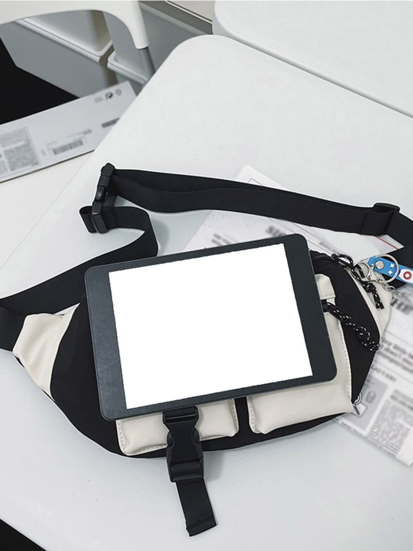 Two Tone Letter Patch Decor Sling Bag With Bag Charm