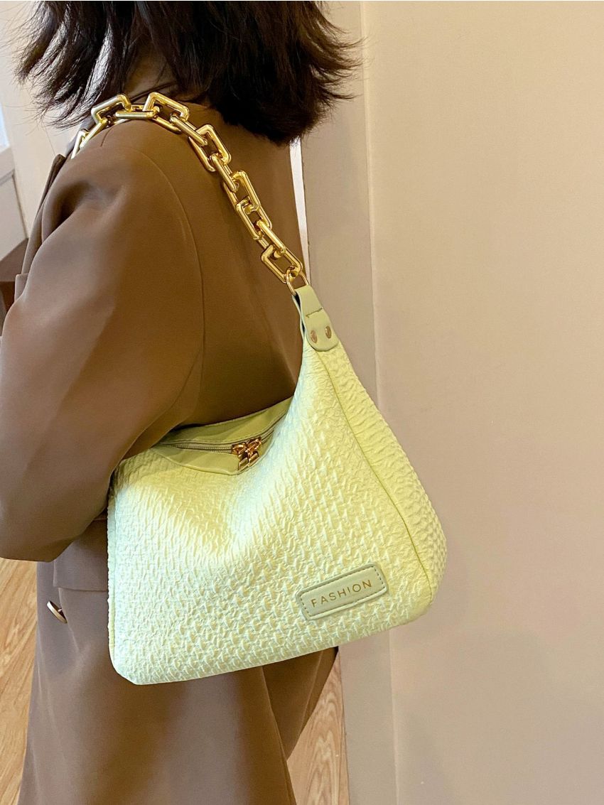 Letter Patch Decor Chain Hobo Bag