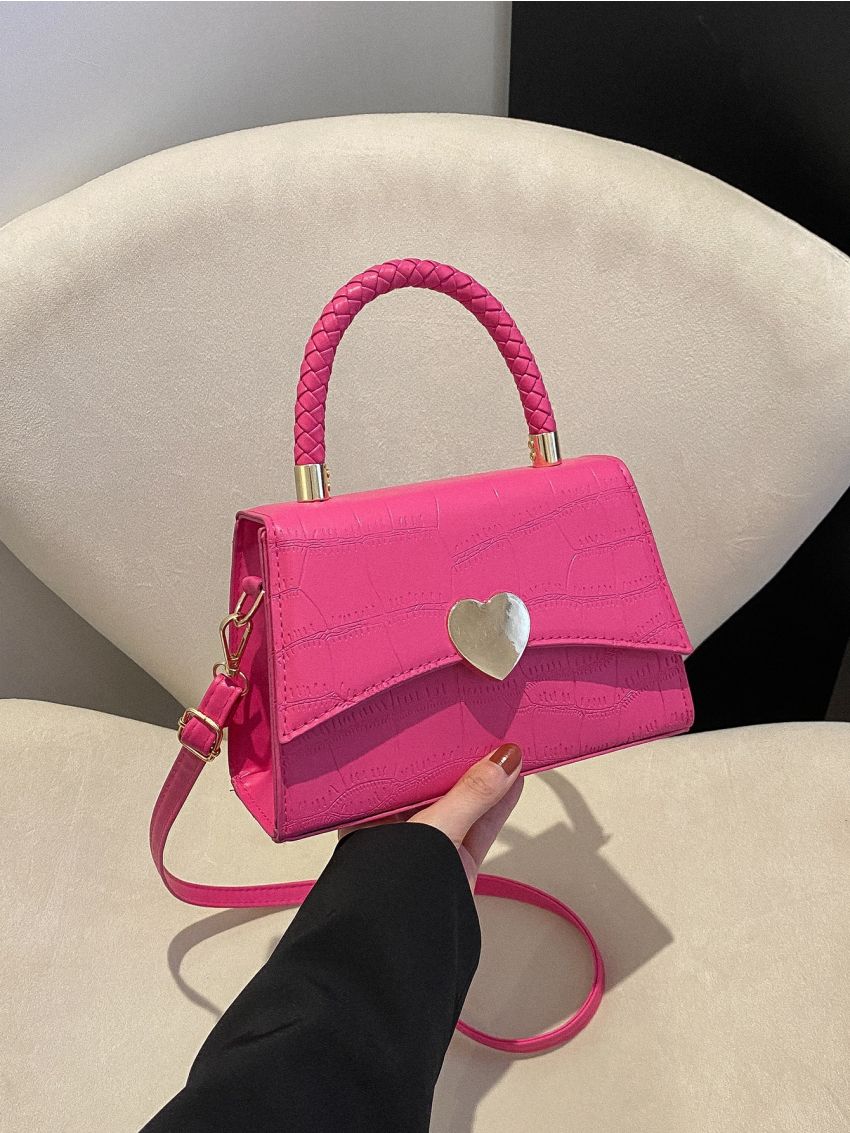 Neon Pink Crocodile Embossed Heart Decor Flap Square Bag