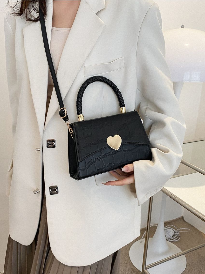 Crocodile Embossed Heart Decor Flap Square Bag