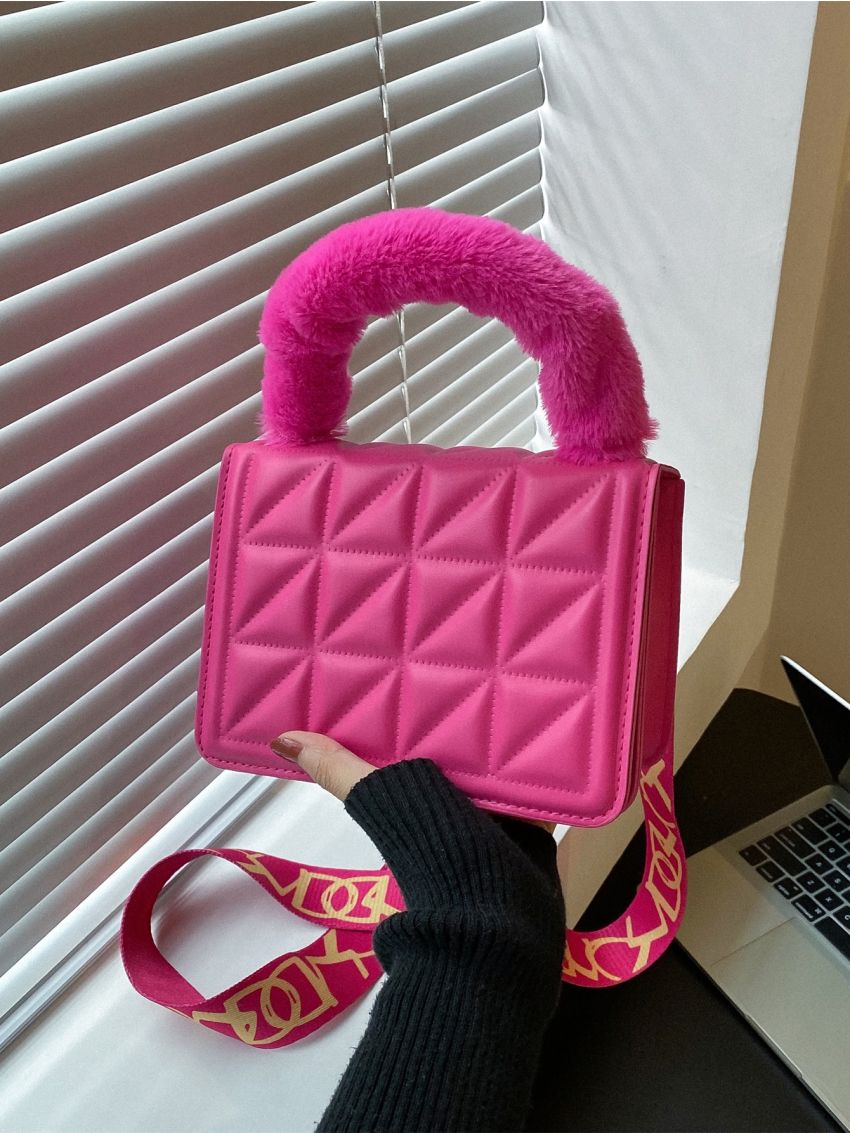 Mini Neon Pink Quilted Fluffy Handle Square Bag