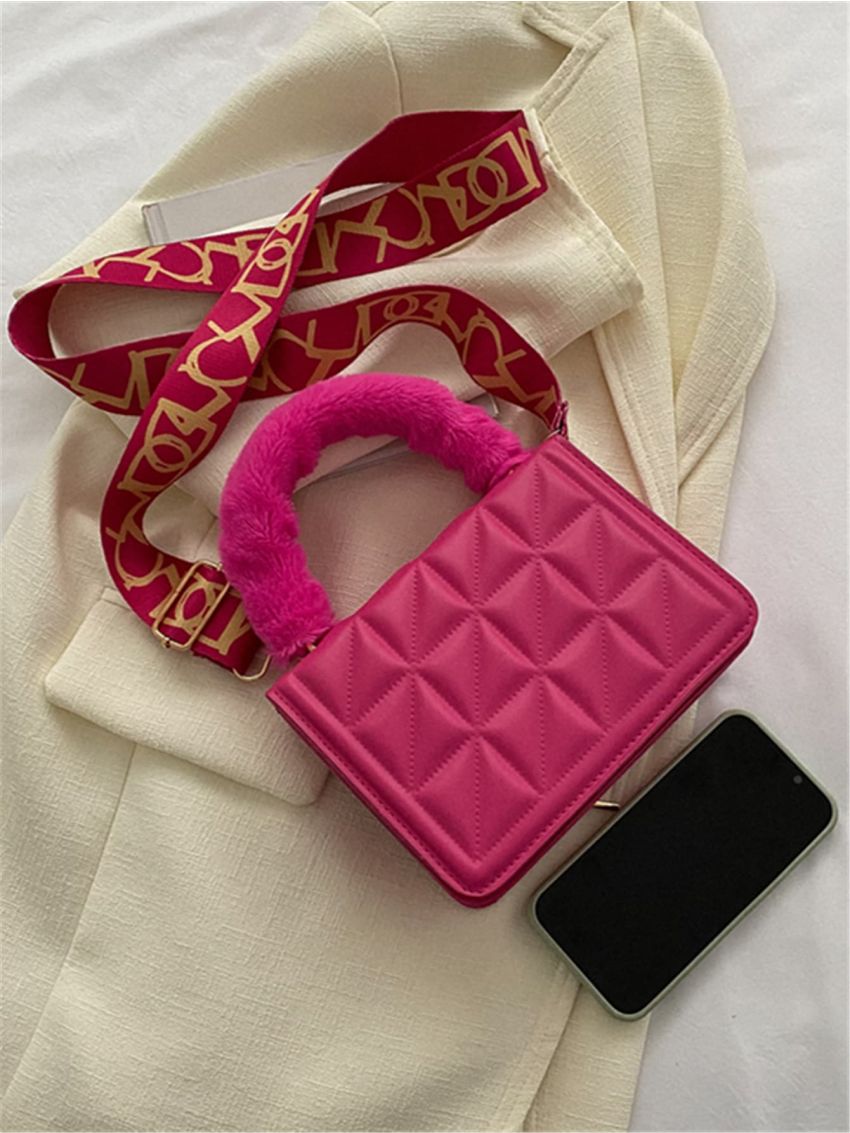 Mini Neon Pink Quilted Fluffy Handle Square Bag