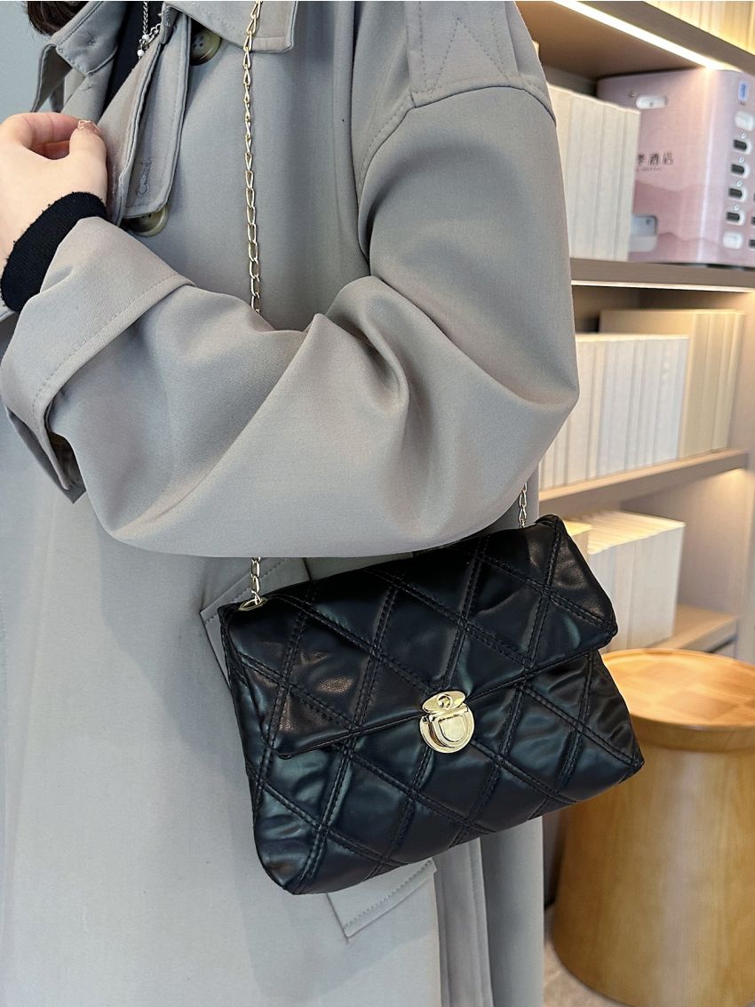 Quilted Push Lock Flap Square Bag
