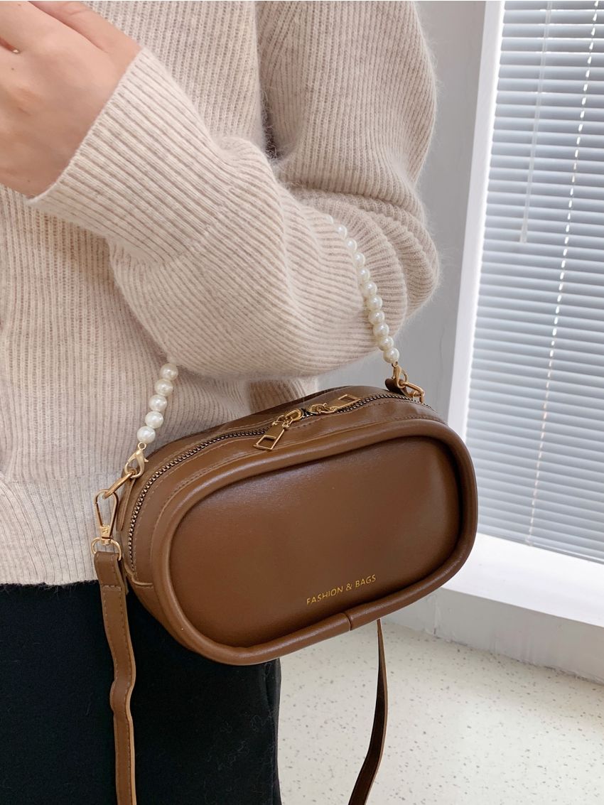 Mini Letter Graphic Faux Pearl Decor Square Bag