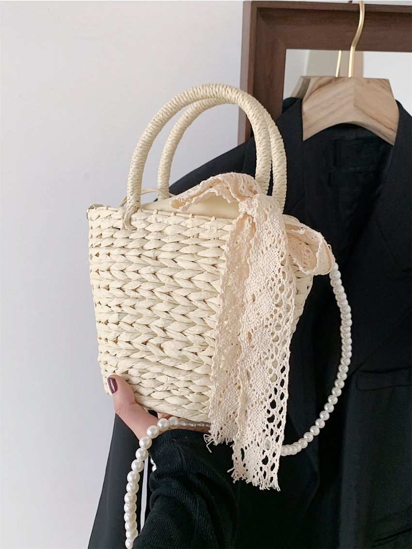 Twilly Scarf Decor Faux Pearl Beaded Straw Bag