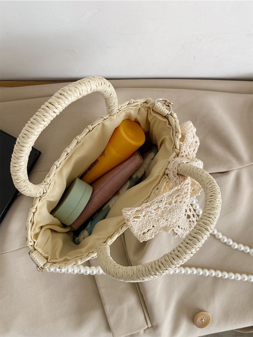 Twilly Scarf Decor Faux Pearl Beaded Straw Bag