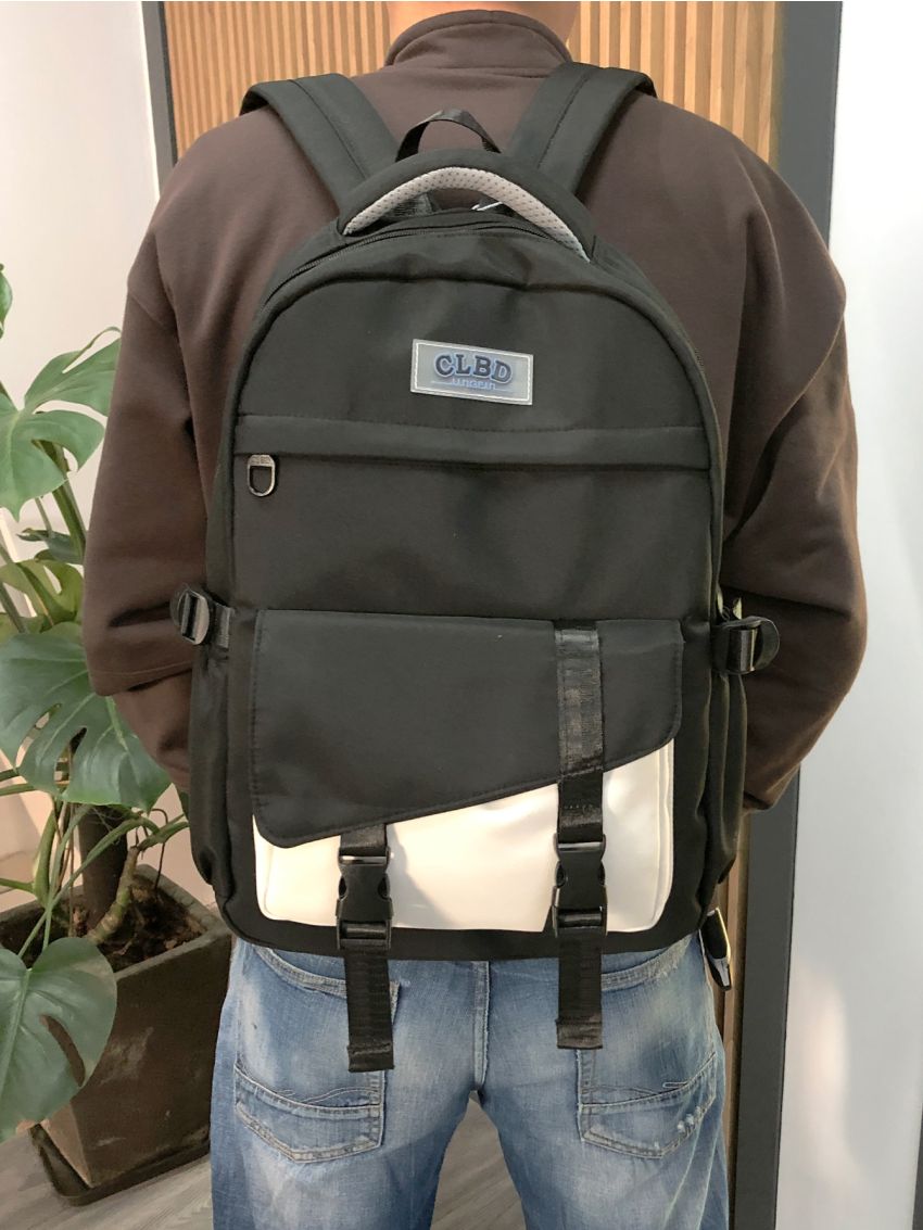 Men Release Buckle & Letter Patch Decor Functional Backpack