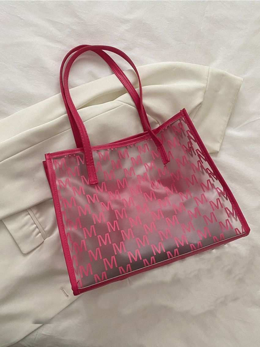 Neon Pink Letter Graphic Shoulder Tote Bag With Inner Pouch