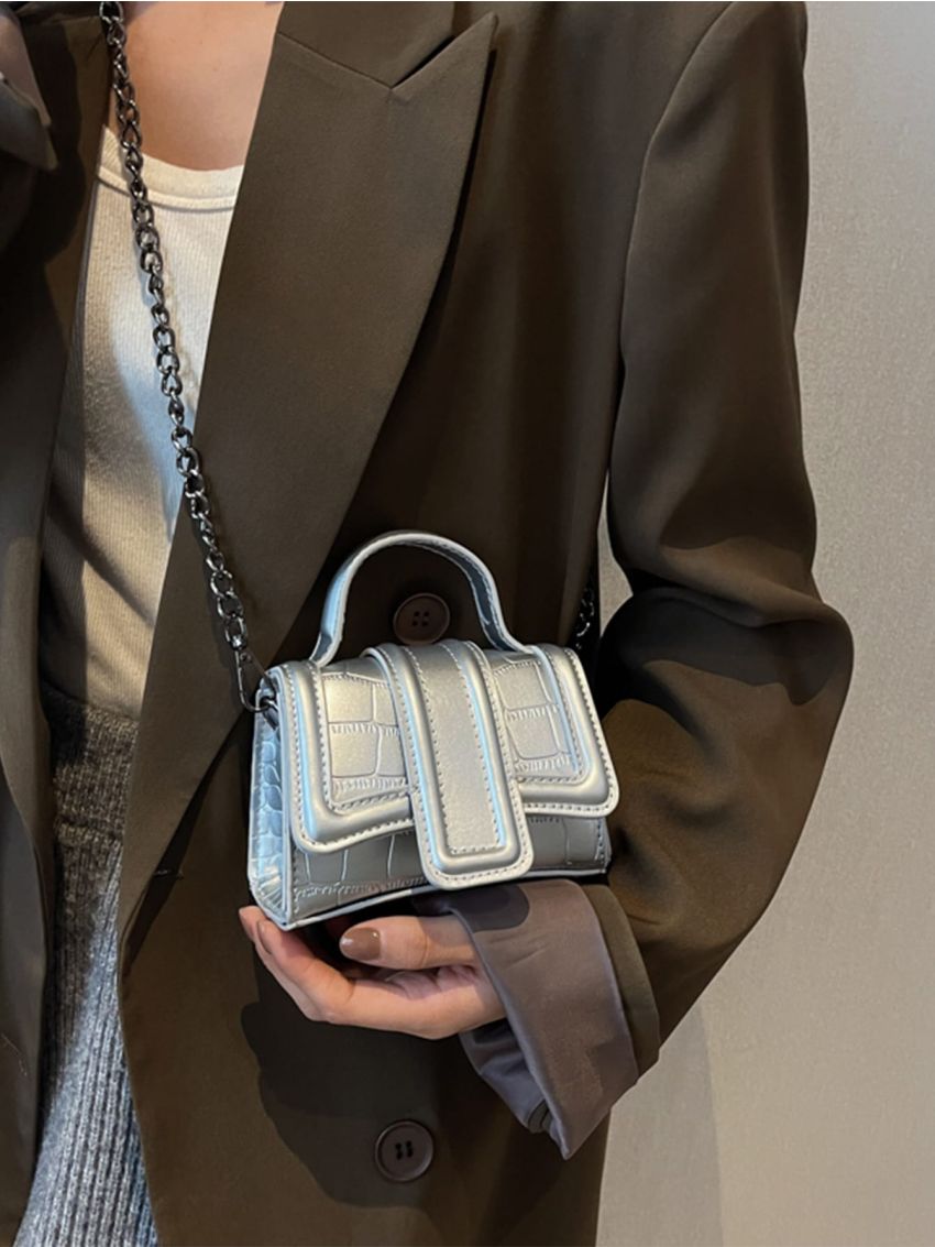 Mini Metallic Crocodile Embossed Flap Chain Square Bag