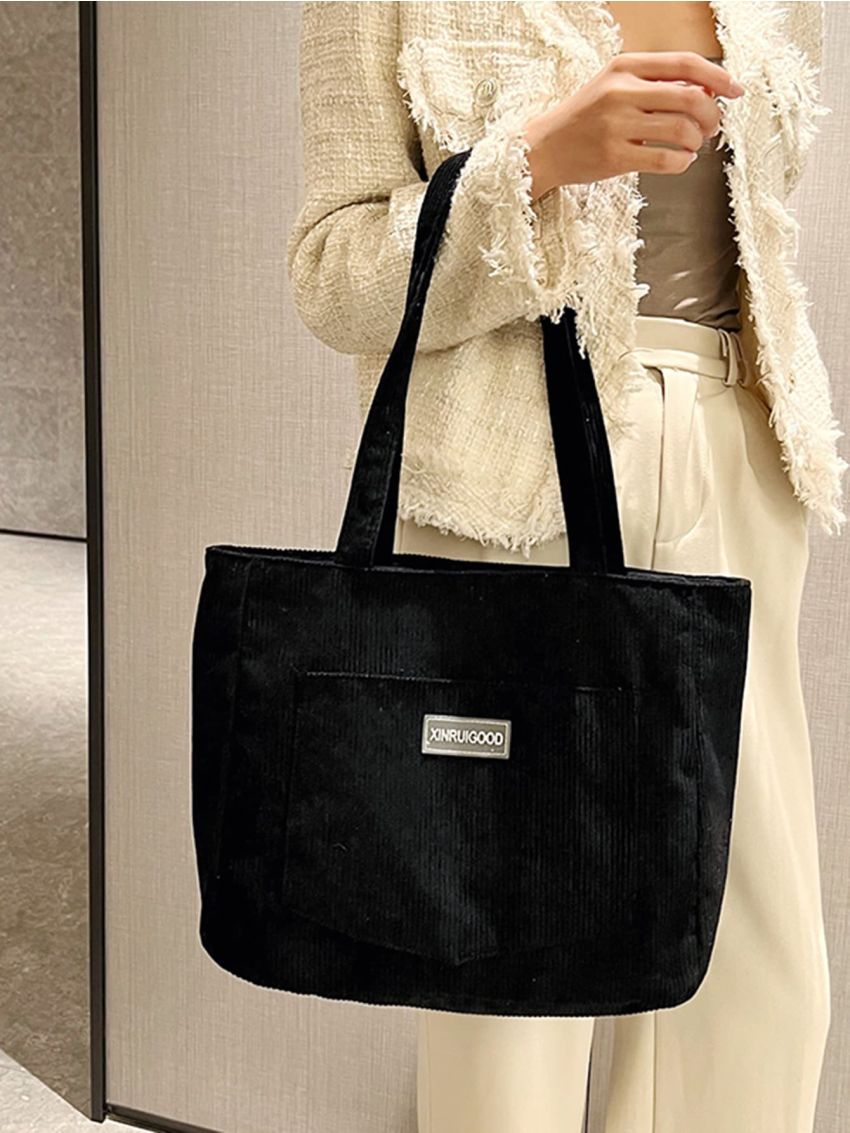 Letter Patch Decor Snap Button Shopper Bag