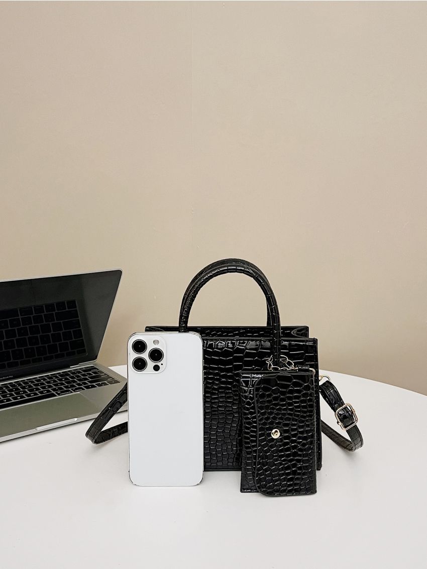 Mini Crocodile Embossed Square Bag With Coin Purse