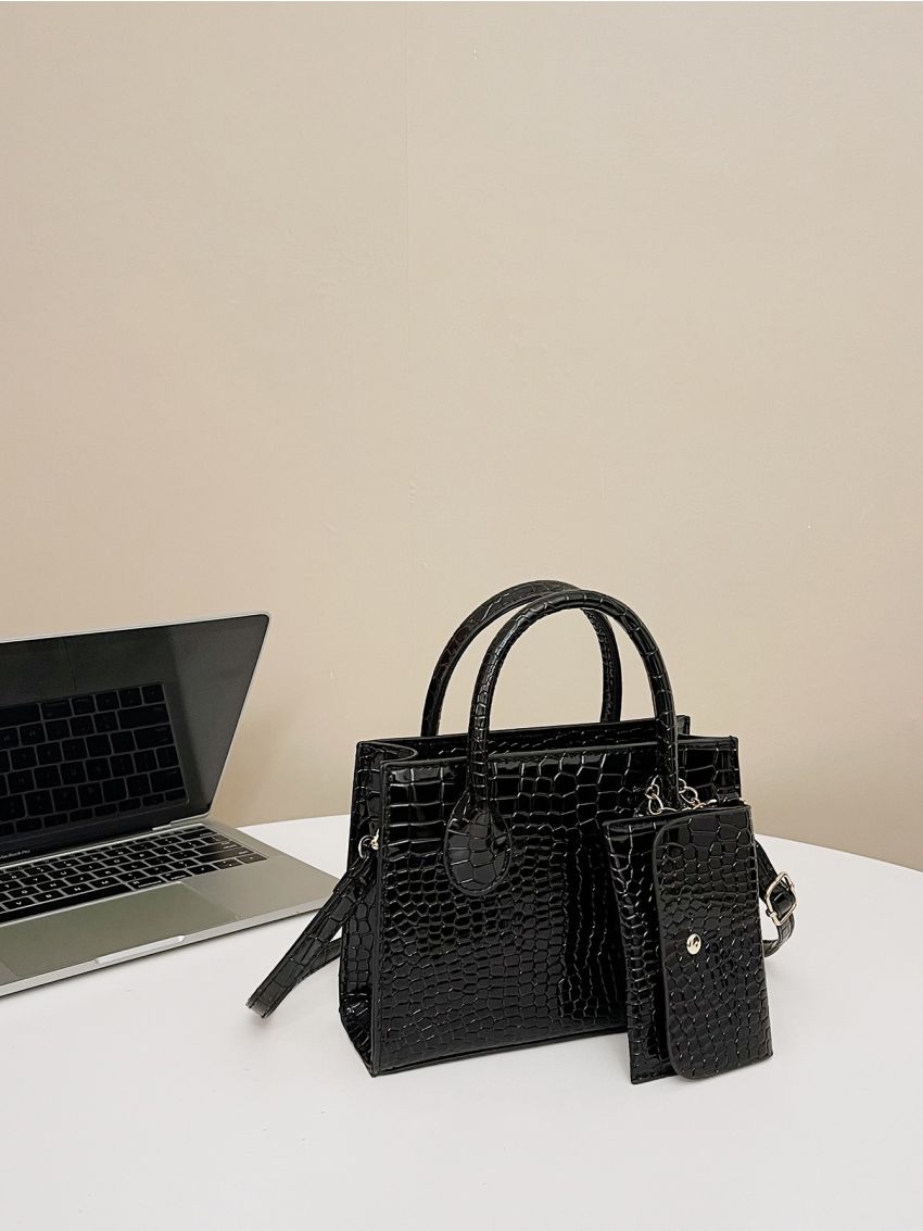 Mini Crocodile Embossed Square Bag With Coin Purse