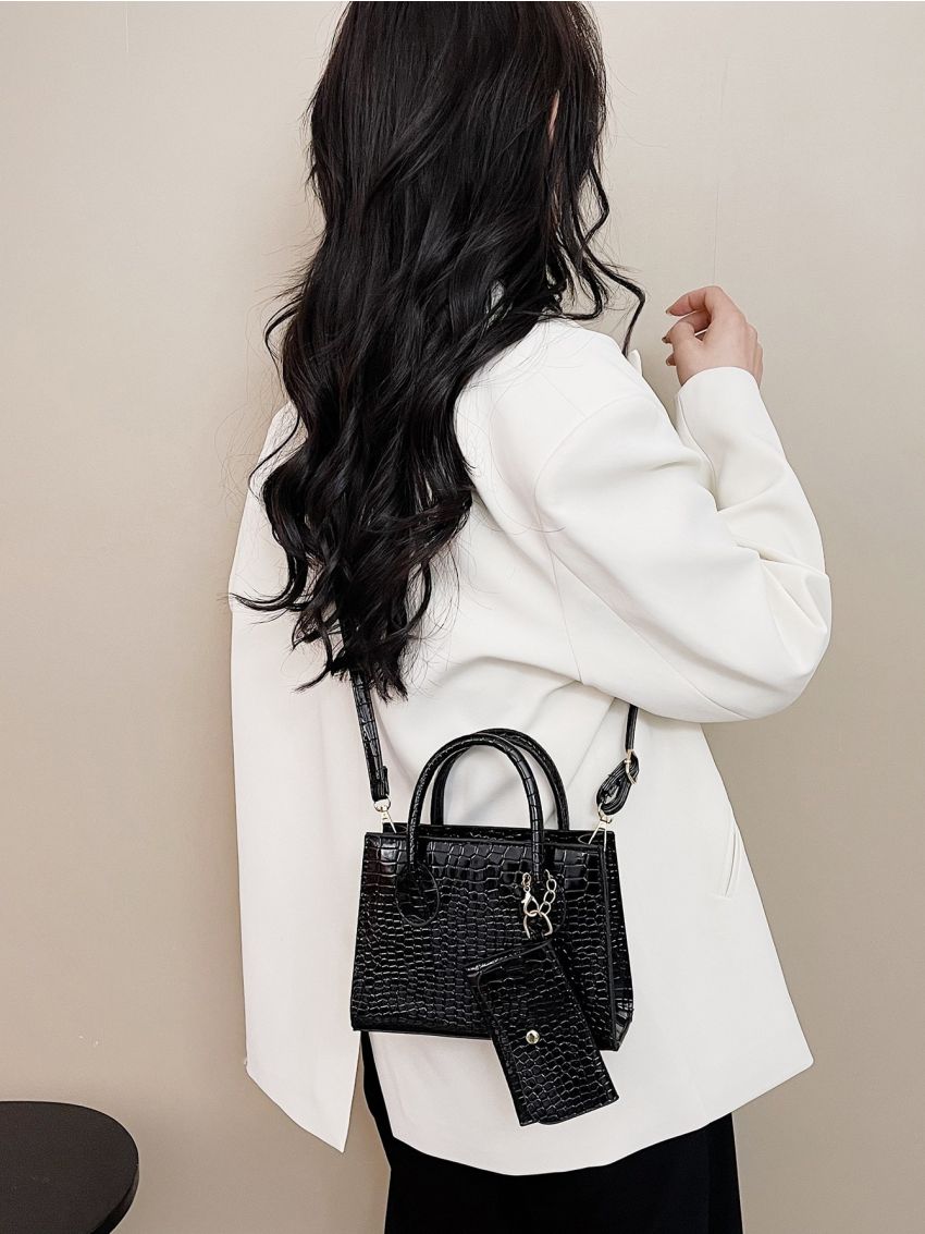 Mini Crocodile Embossed Square Bag With Coin Purse