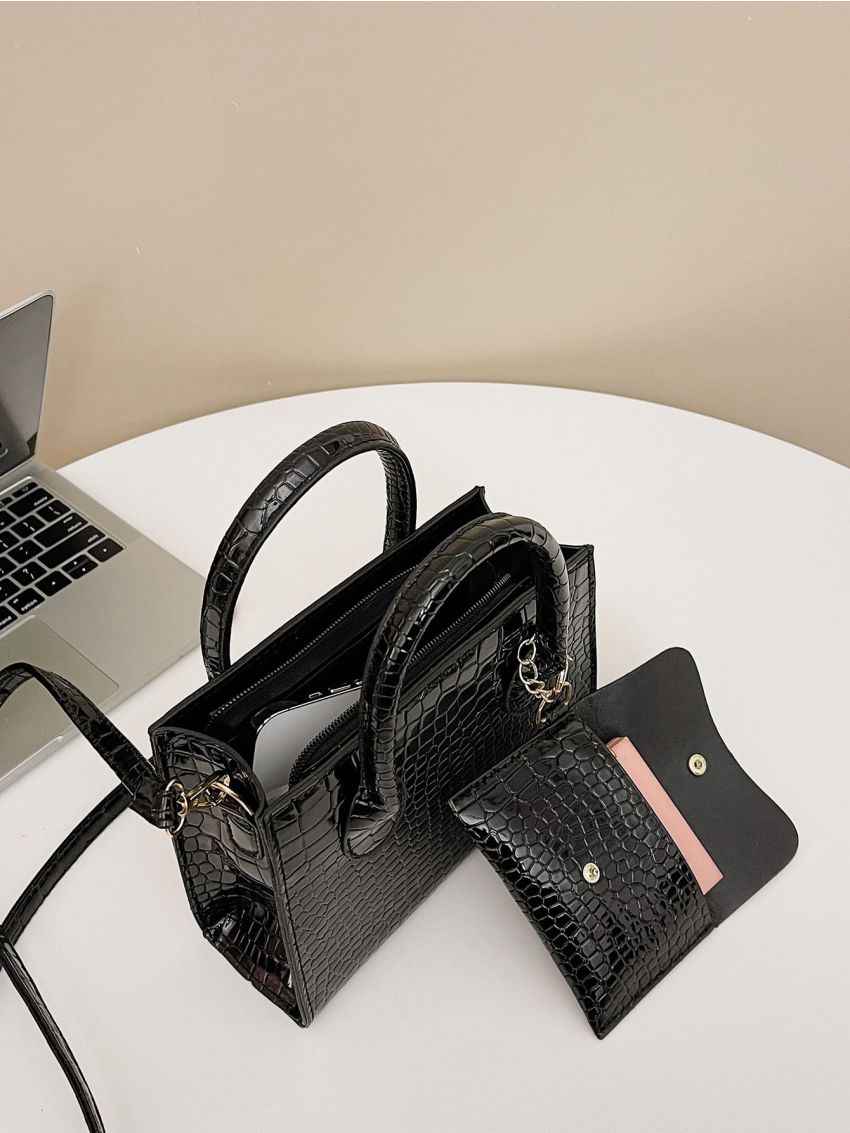 Mini Crocodile Embossed Square Bag With Coin Purse