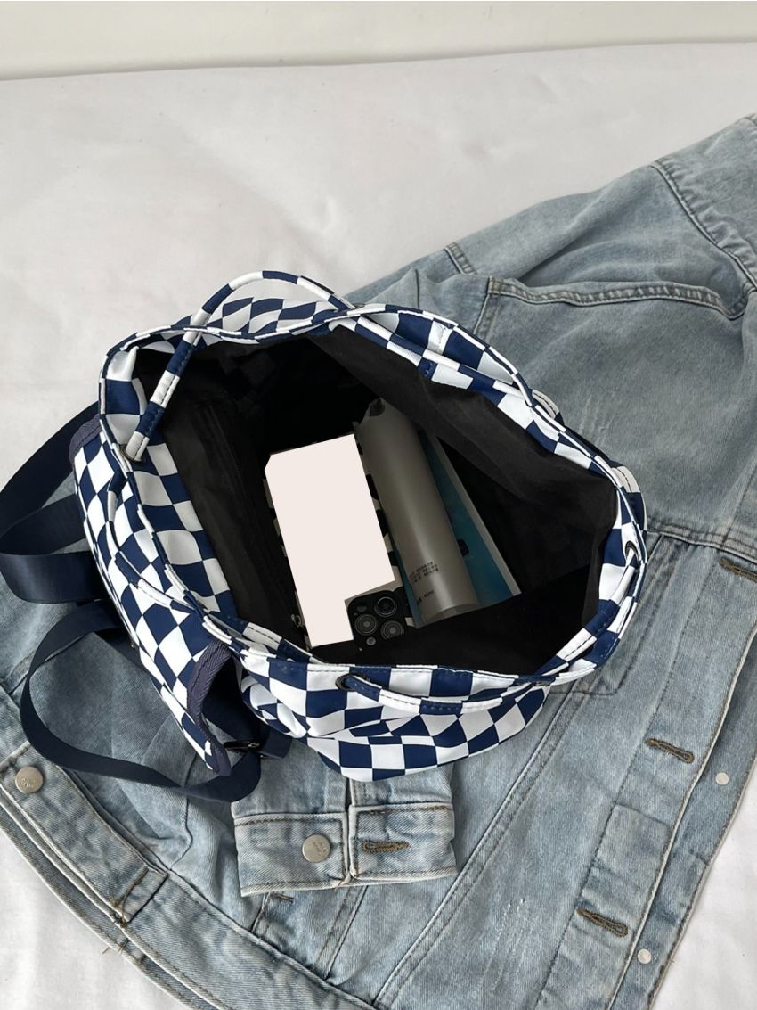 Checkered Pattern Drawstring Design Flap Backpack