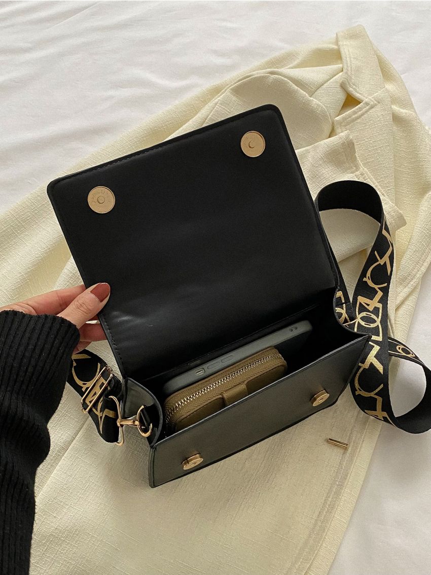 Geometric Embossed Flap Square Bag Fashionable Black PU For Daily Life