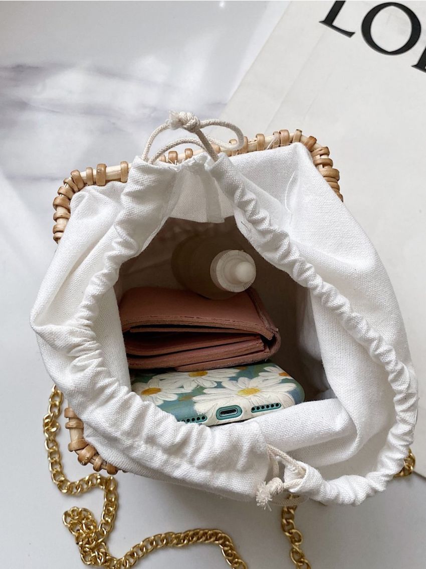 Mini Drawstring Design Pearl Strap Straw Bag