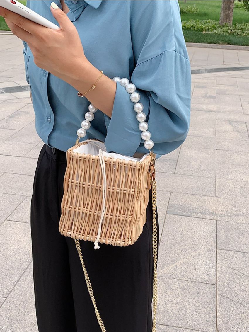 Mini Drawstring Design Pearl Strap Straw Bag