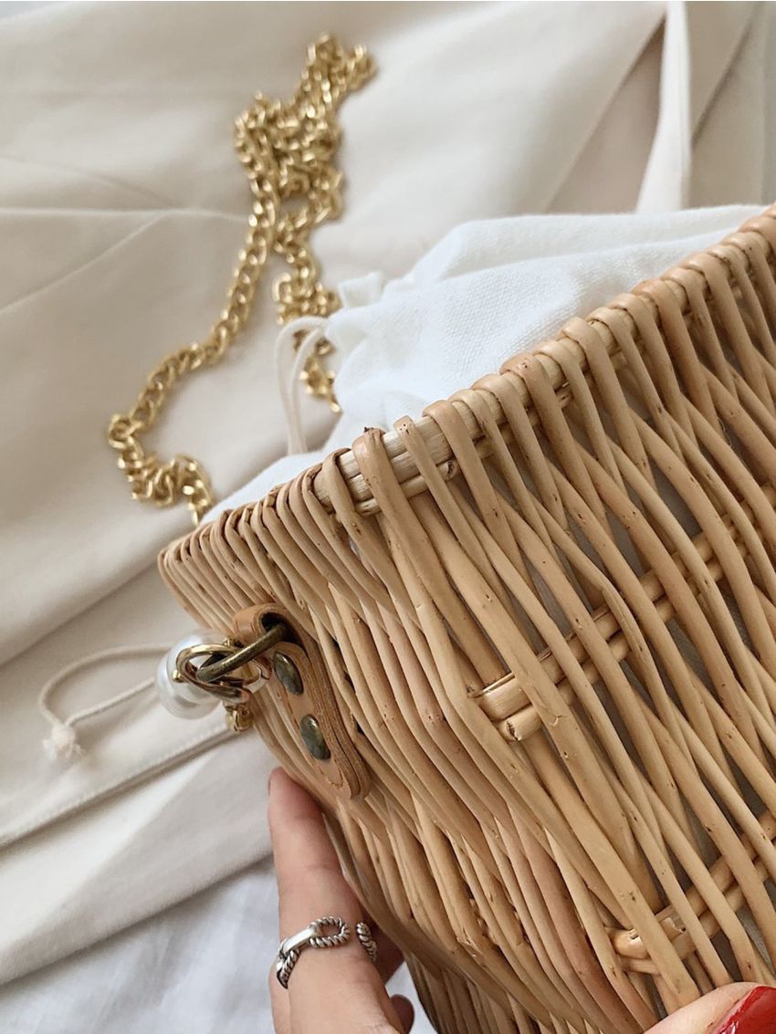 Mini Drawstring Design Pearl Strap Straw Bag