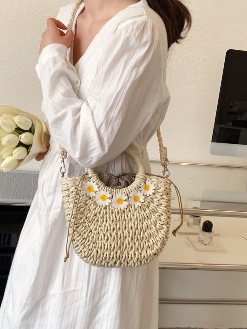 Mini Flower Decor Drawstring Design Straw Bag
