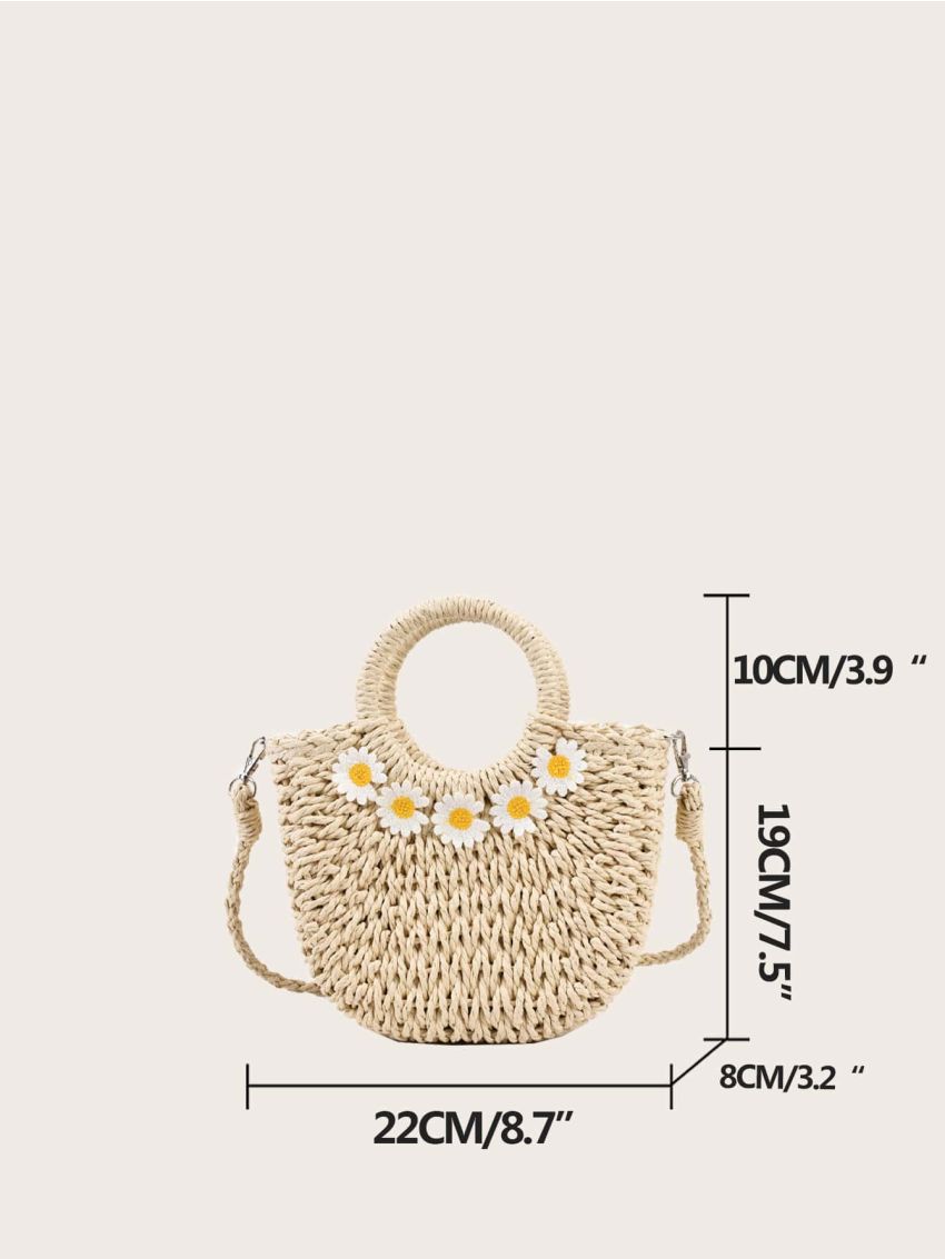 Mini Flower Decor Drawstring Design Straw Bag