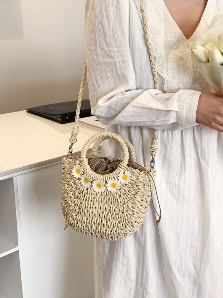 Mini Flower Decor Drawstring Design Straw Bag