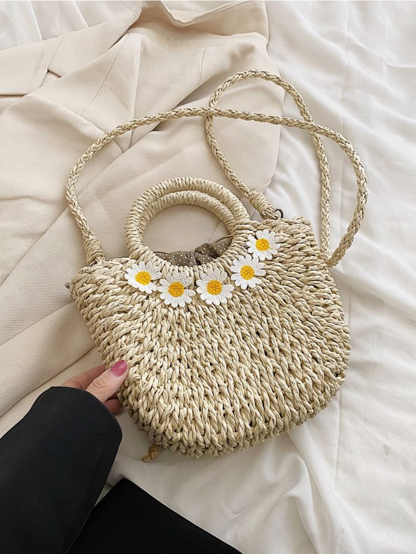 Mini Flower Decor Drawstring Design Straw Bag