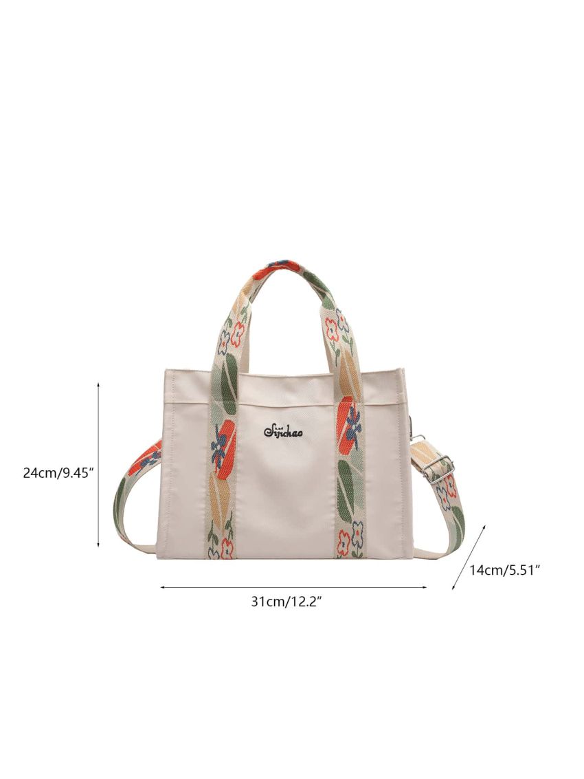 Fashion Canvas Tote Handbag, Lightweight Shoulder Bag With Detachable Flower Print Strap Floral & Letter Graphic Shopper Bag