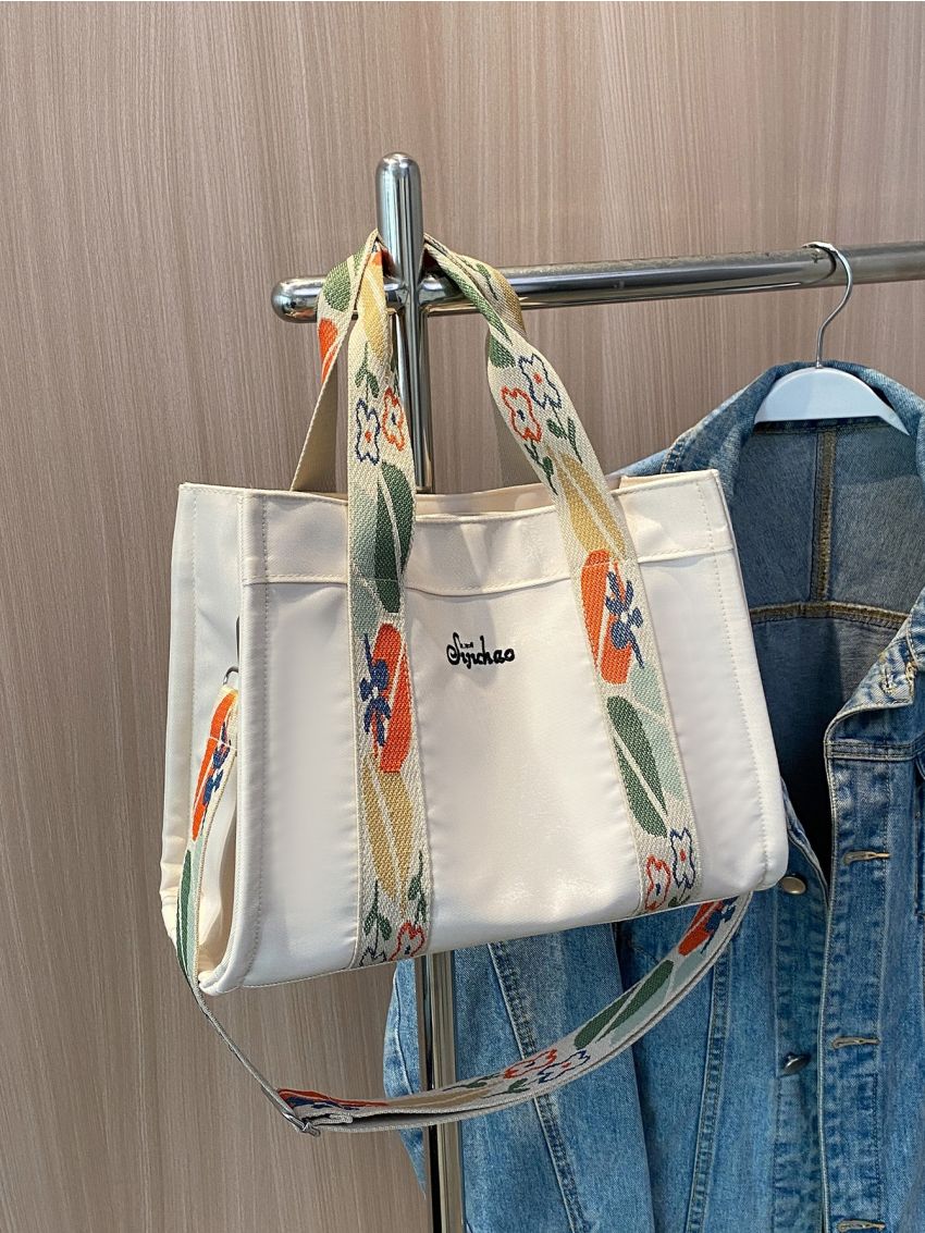 Fashion Canvas Tote Handbag, Lightweight Shoulder Bag With Detachable Flower Print Strap Floral & Letter Graphic Shopper Bag