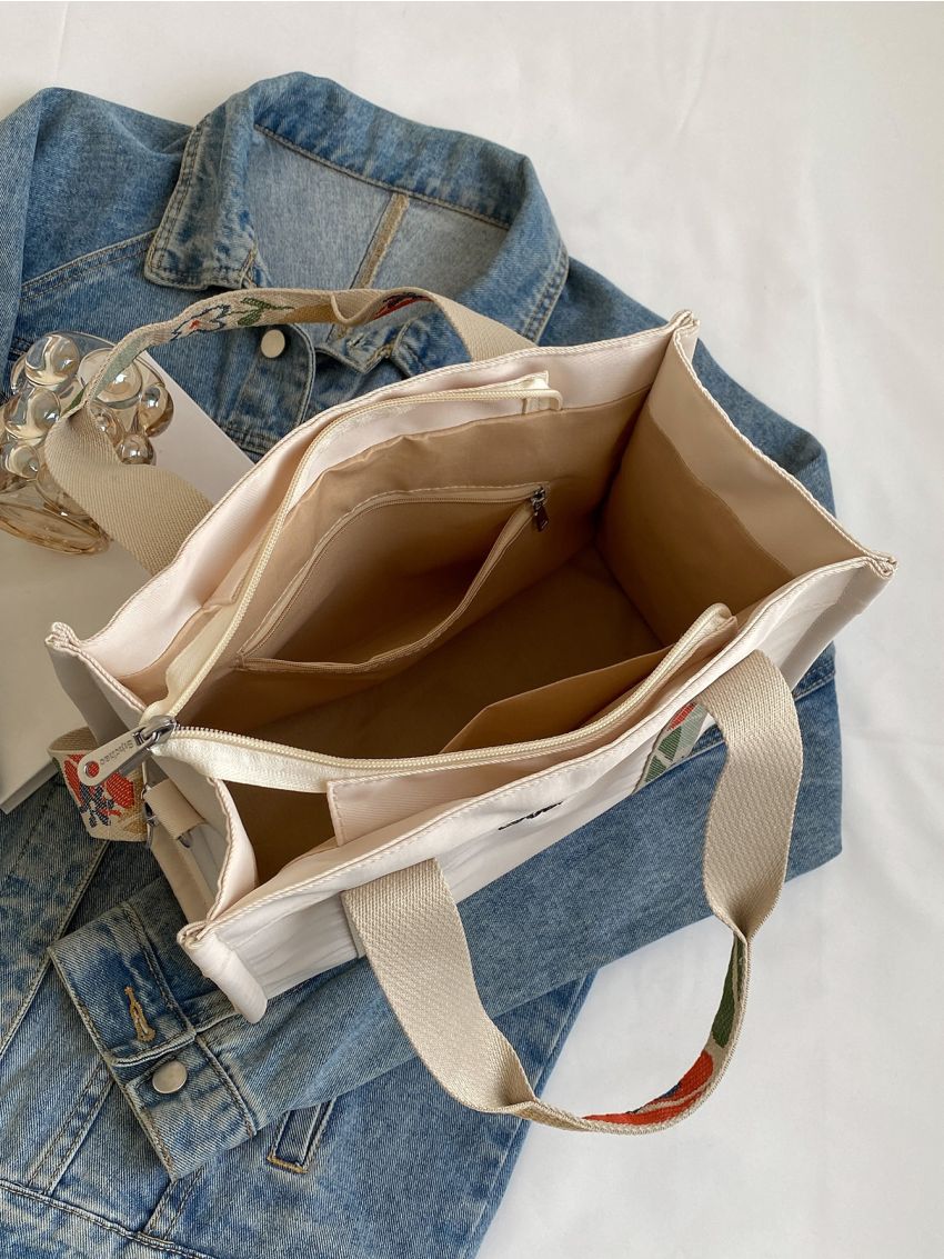 Fashion Canvas Tote Handbag, Lightweight Shoulder Bag With Detachable Flower Print Strap Floral & Letter Graphic Shopper Bag