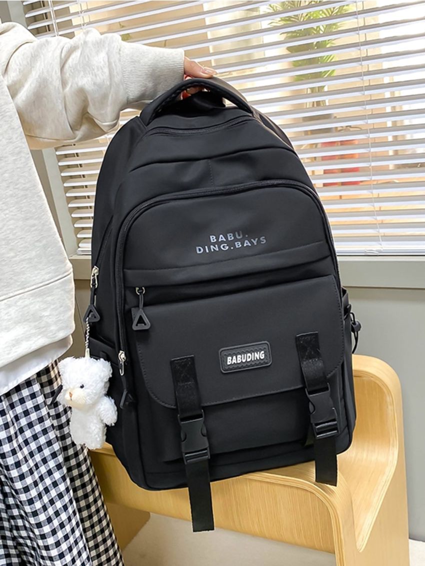 Release Buckle Decor Classic Backpack With Bag Charm