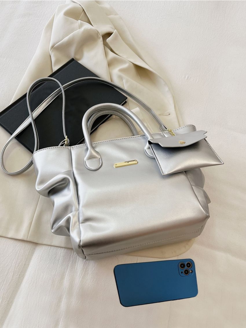 Metallic Metal Decor Top Handle Bag With Coin Purse