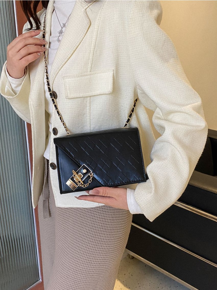 Mini Geometric Pattern Chain Flap Square Bag