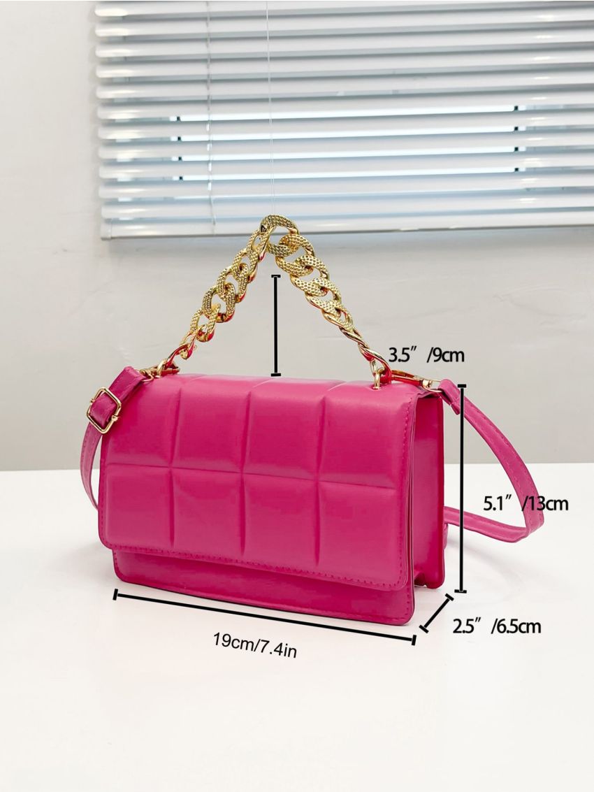 Neon Pink Geometric Embossed Chain Decor Flap Square Bag