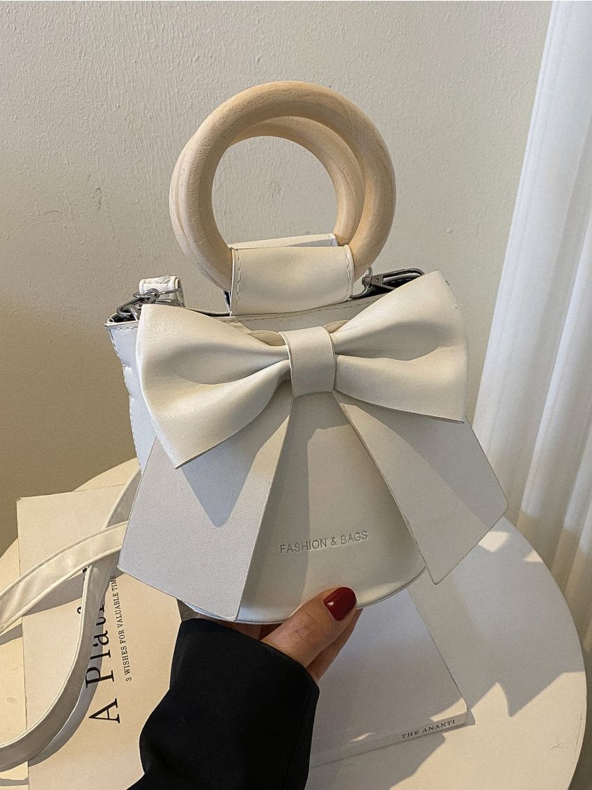 Mini Letter Graphic Bow Decor Bucket Bag