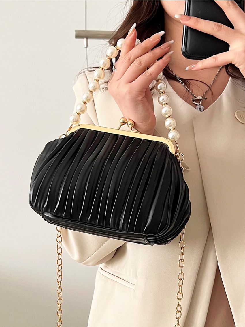 Mini Faux Pearl Decor Kiss Lock Chain Satchel Bag