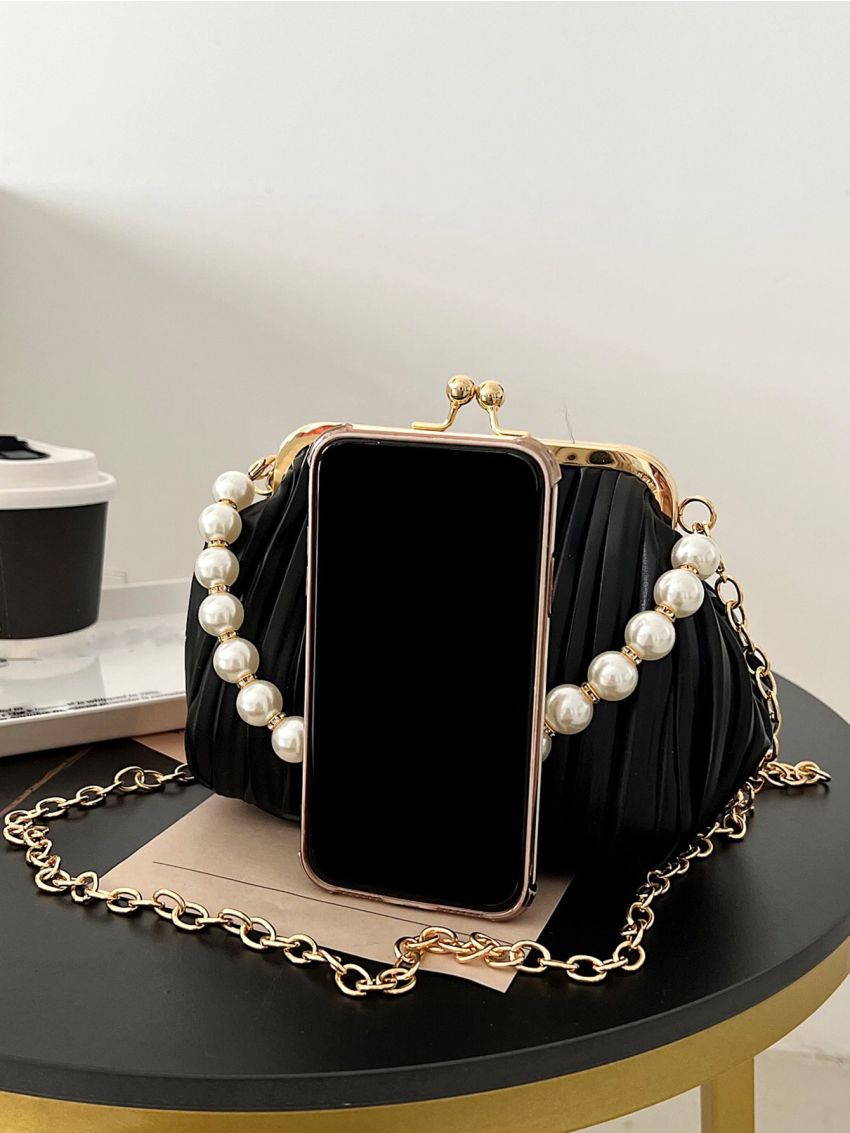 Mini Faux Pearl Decor Kiss Lock Chain Satchel Bag
