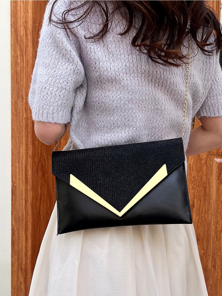 Metal Detail Flap Chain Glitter Envelope Bag