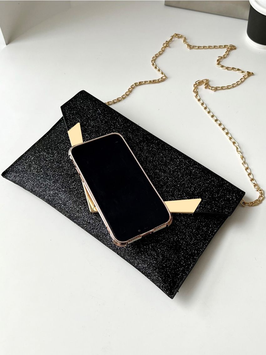 Glitter Metal Decor Flap Square Bag, Perfect Bride Purse For Wedding, Prom & Party Events