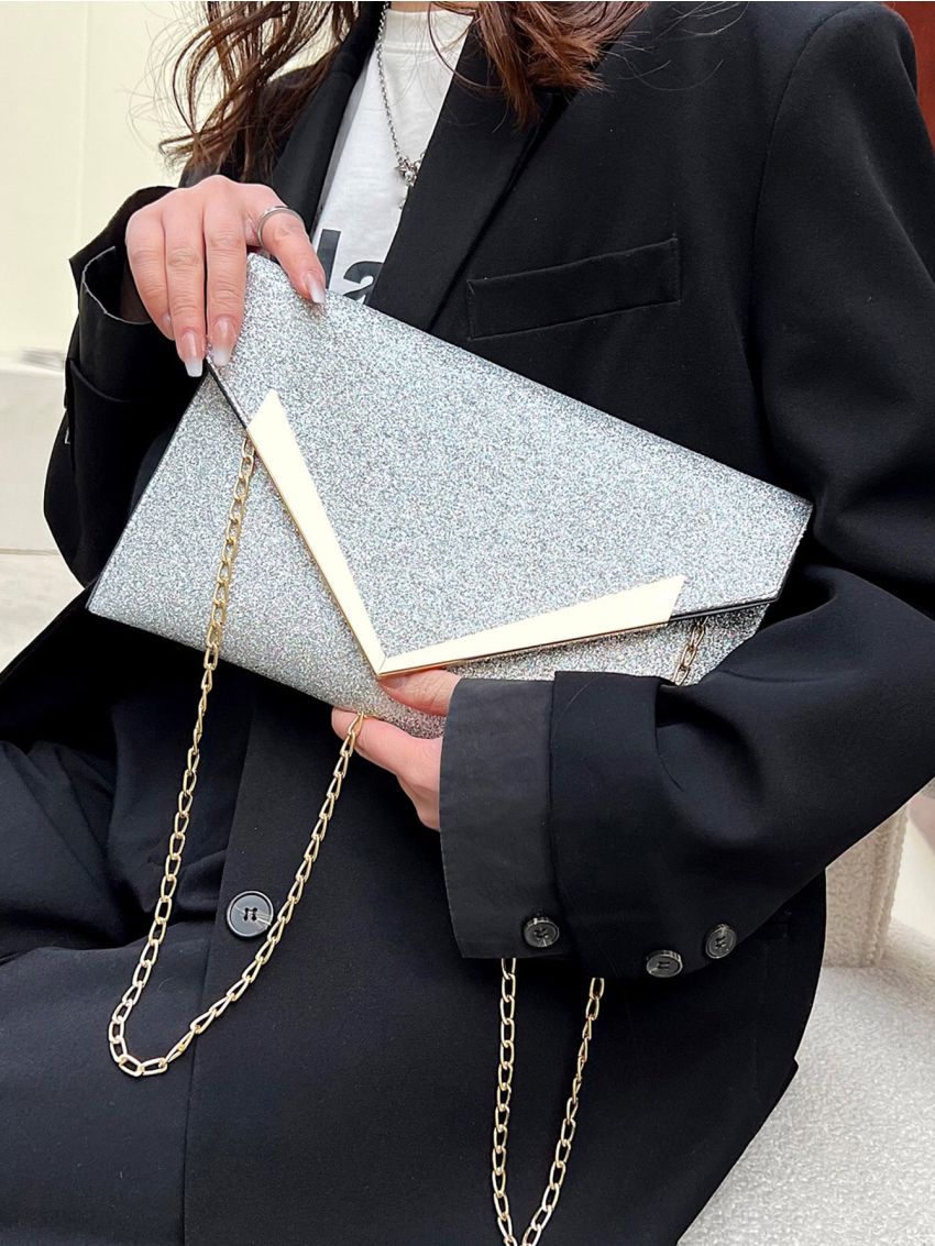 Glitter Metal Decor Flap Square Bag, Perfect Bride Purse For Wedding, Prom & Party Events
