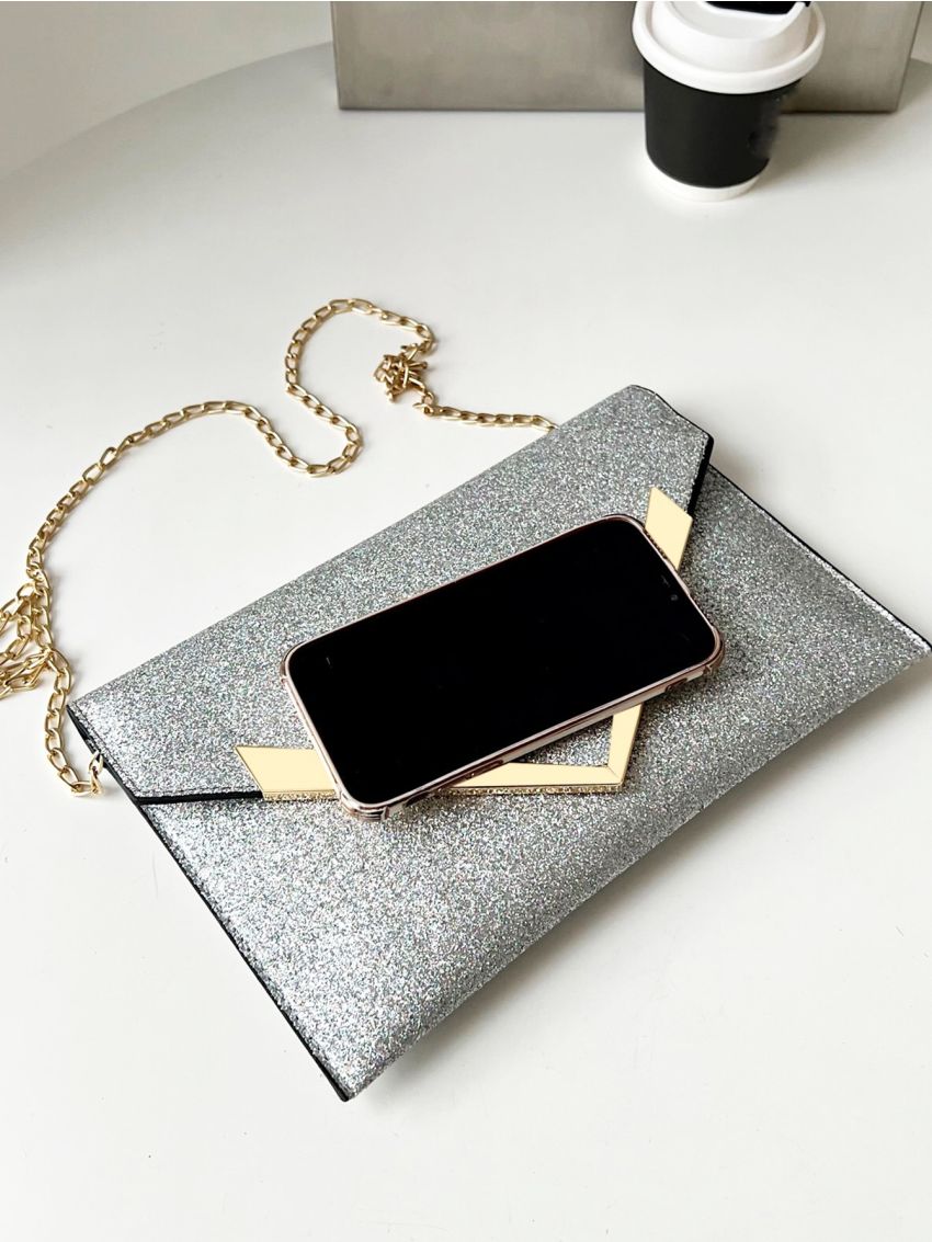 Glitter Metal Decor Flap Square Bag, Perfect Bride Purse For Wedding, Prom & Party Events